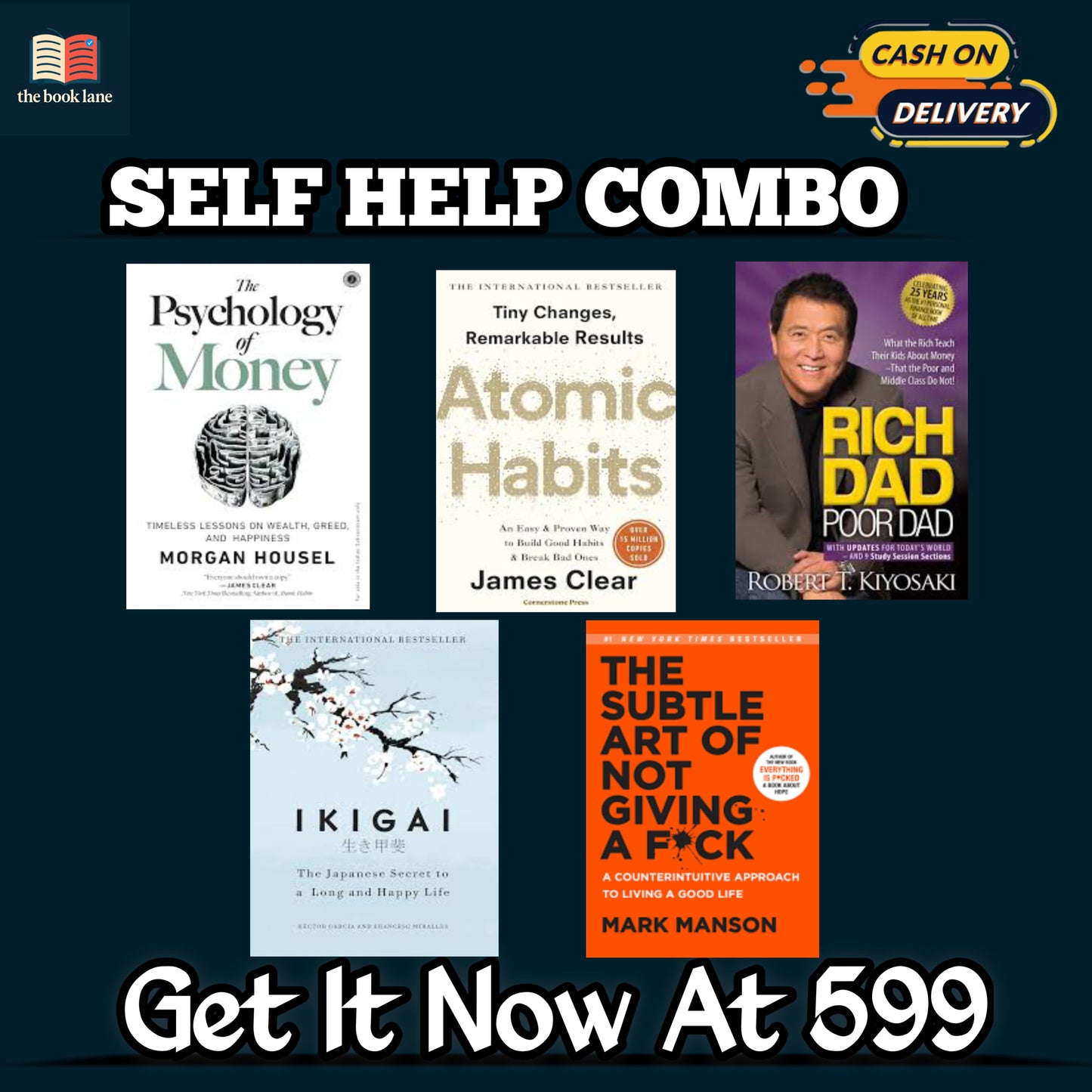 Self help combo β 5 Books (Atomic Habits + Psychology of money + Rich dad Poor dad + Ikigai + The subtle art of not giving)